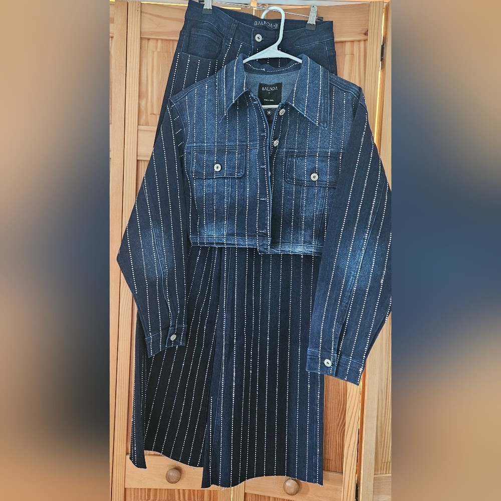 Allsaints Blue Striped Denim Jacket and Pants Set In Sparkle Ringstones Stile
